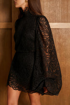Black Lace Ruffle Neck Puff Sleeve Top & A-Line Skirt Two-Piece Set