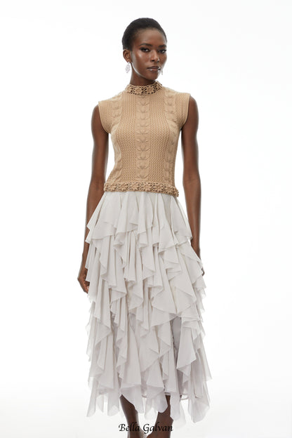 janice Khaki Asymmetrical Ruffled Maxi Dress
