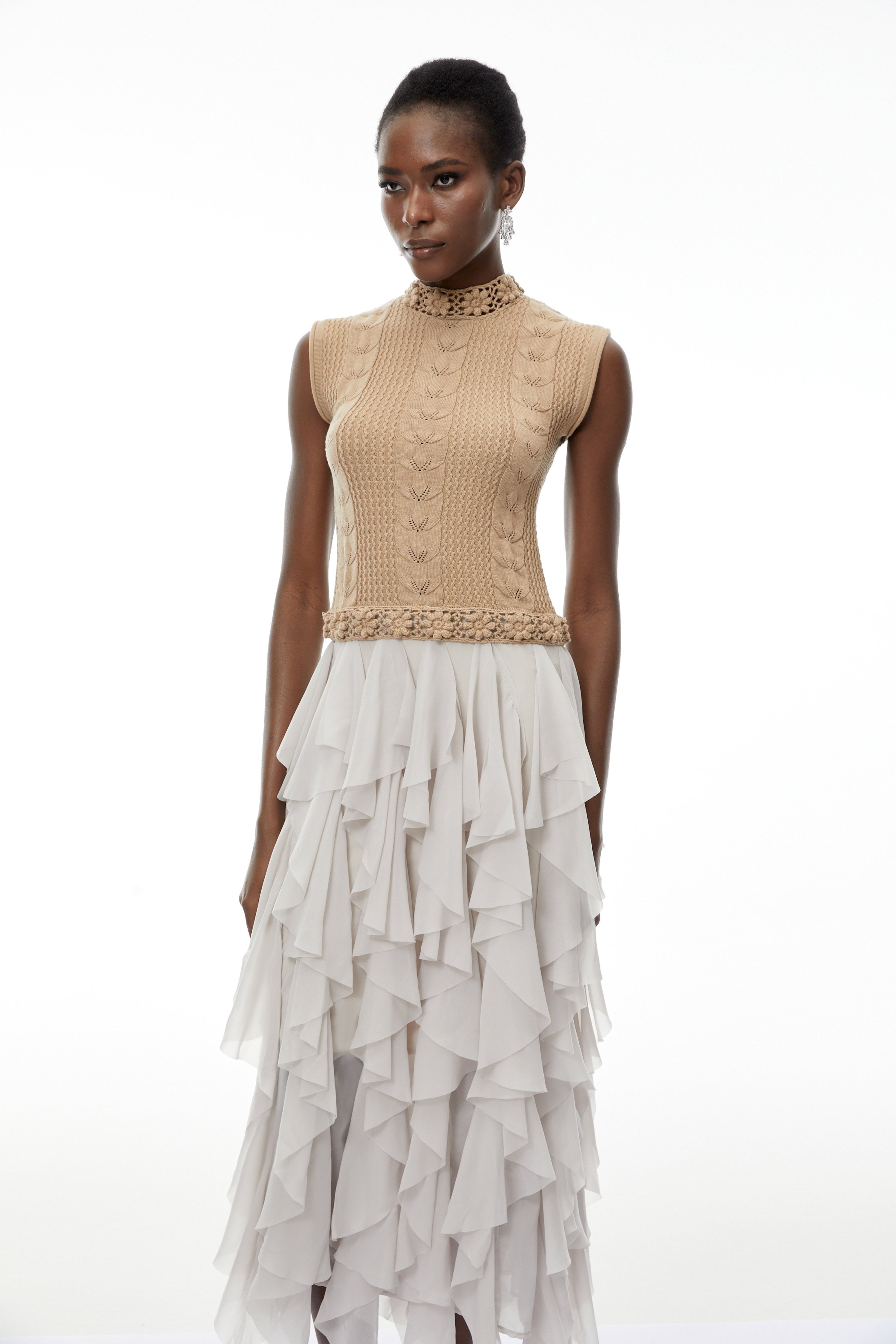 Janice Khaki Asymmetrical Ruffled Maxi Dress