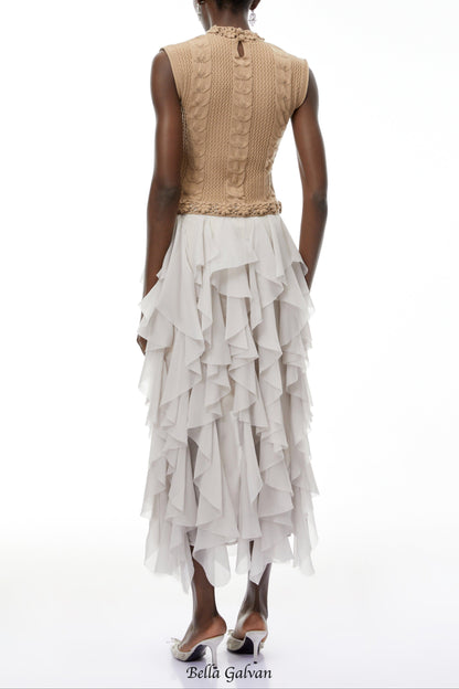 janice Khaki Asymmetrical Ruffled Maxi Dress
