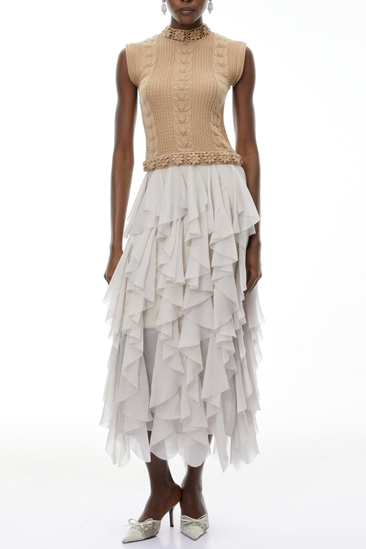 janice Khaki Asymmetrical Ruffled Maxi Dress