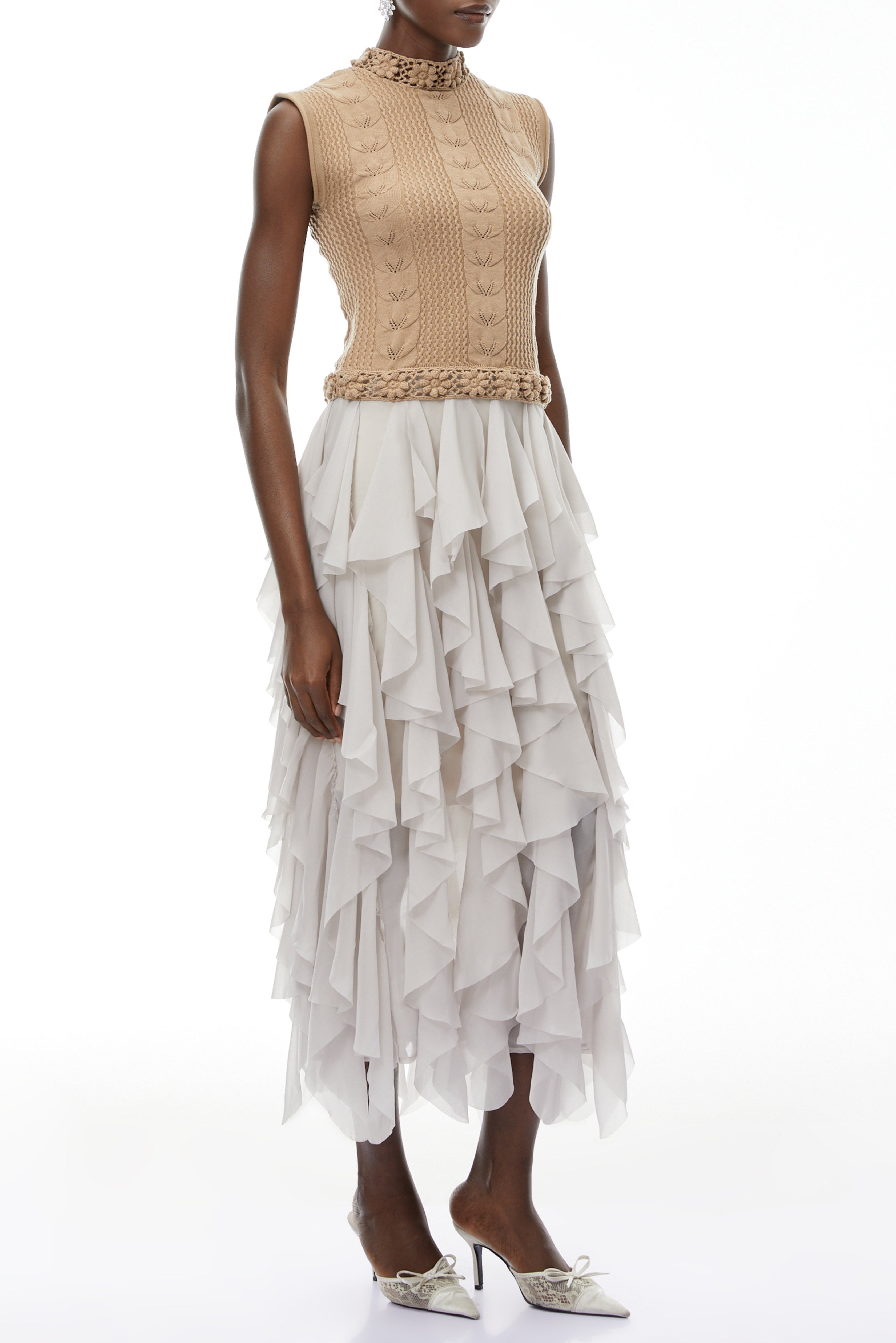 Janice Khaki Asymmetrical Ruffled Maxi Dress