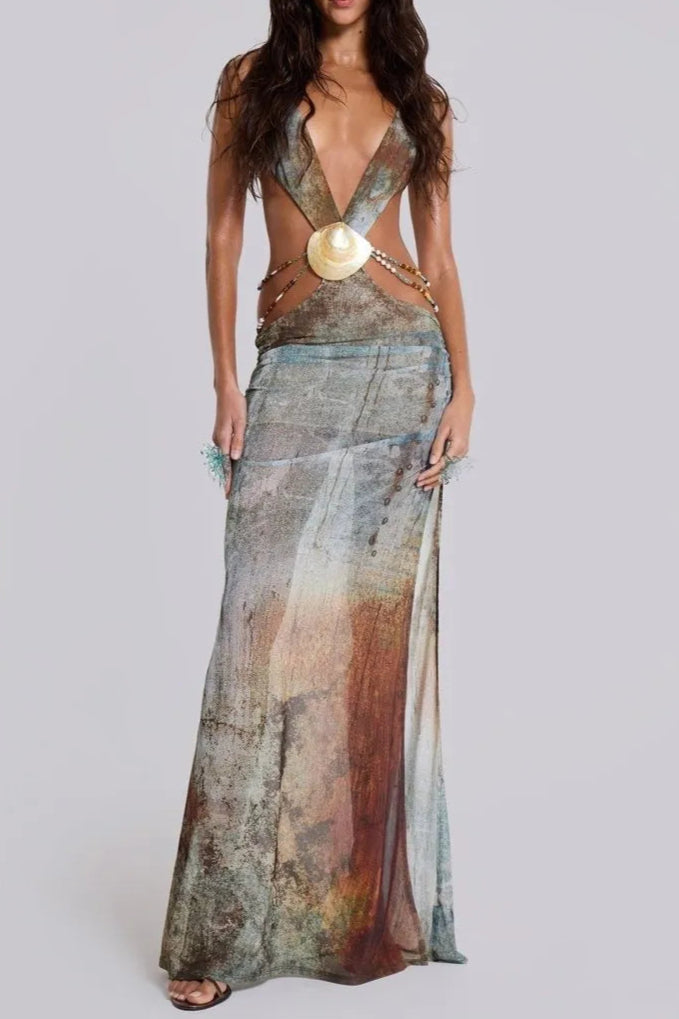 Flowering Girl Women Einar Print Mesh Embellished Backless Maxi Dress