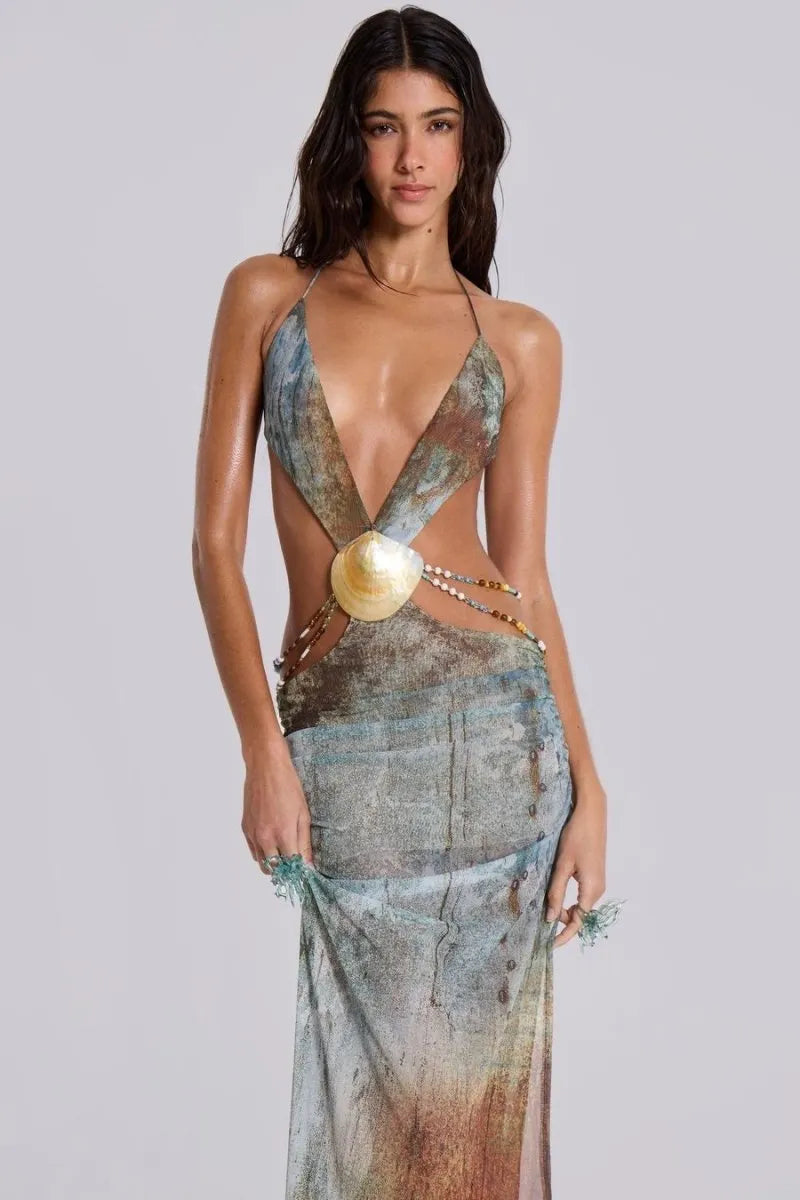 Flowering Girl Women Einar Print Mesh Embellished Backless Maxi Dress