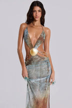 Flowering Girl Women Einar Print Mesh Embellished Backless Maxi Dress