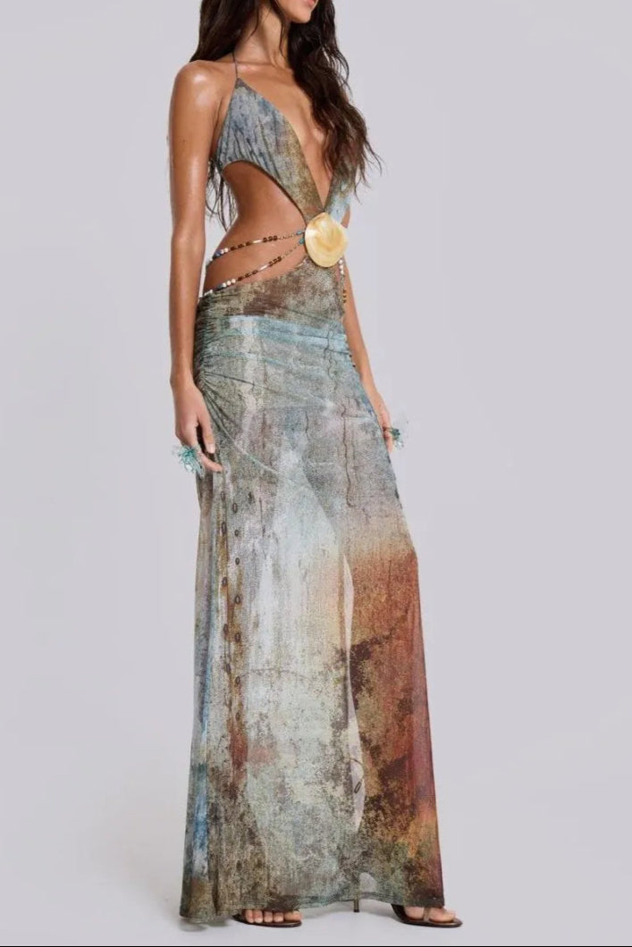 Flowering Girl Women Einar Print Mesh Embellished Backless Maxi Dress