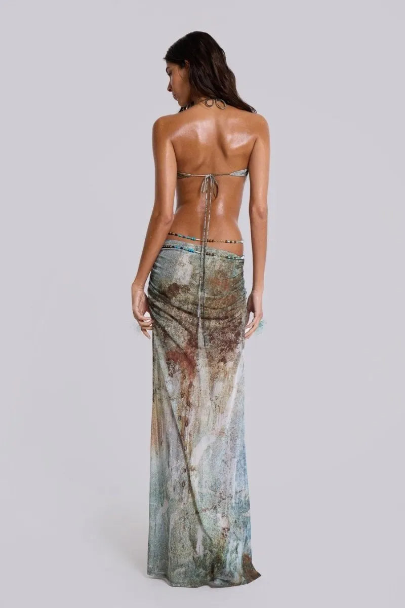 Flowering Girl Women Einar Print Mesh Embellished Backless Maxi Dress