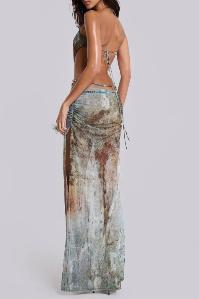 Flowering Girl Women Einar Print Mesh Embellished Backless Maxi Dress