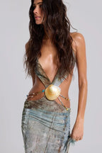 Flowering Girl Women Einar Print Mesh Embellished Backless Maxi Dress