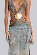 Flowering Girl Women Einar Print Mesh Embellished Backless Maxi Dress