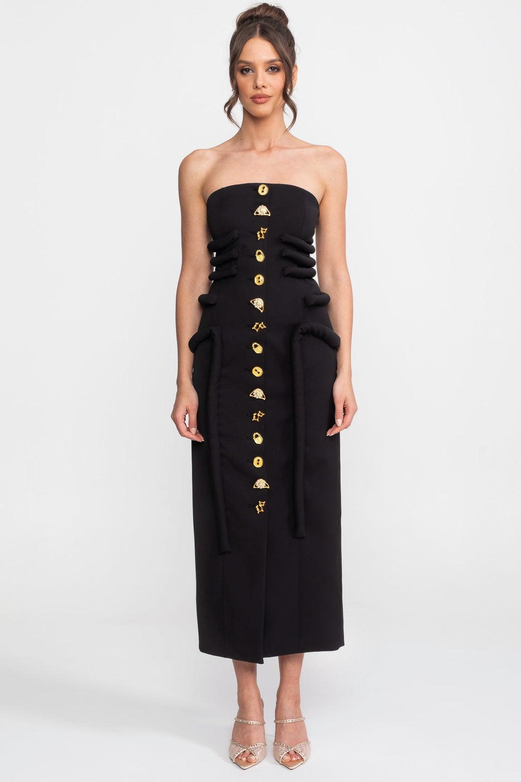 Flowering Girl Women Black Midi Dress With Sculptural Knotted Bodice Detail And Jewel Buttons - Black