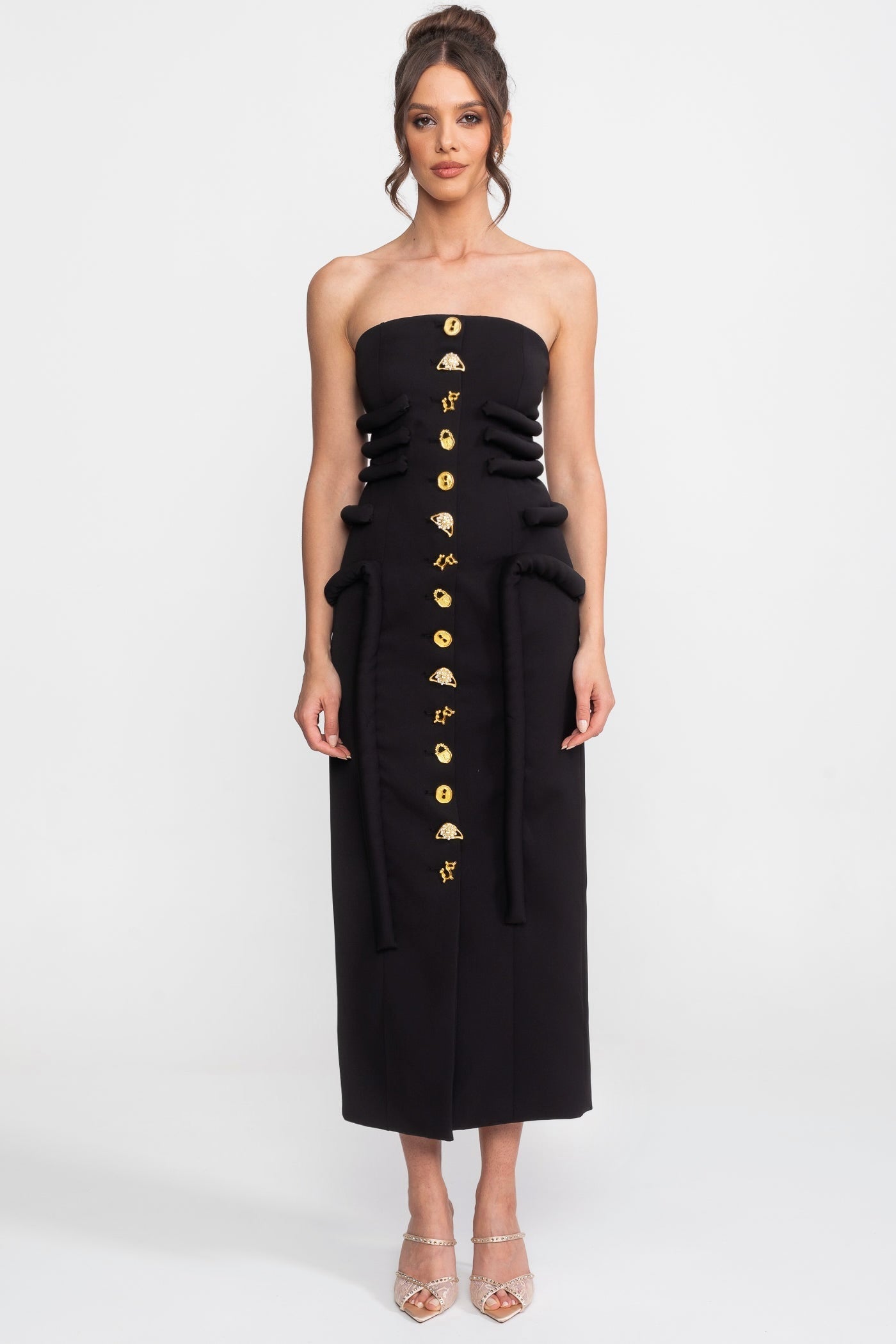 Flowering Girl Women Black Midi Dress With Sculptural Knotted Bodice Detail And Jewel Buttons - Black