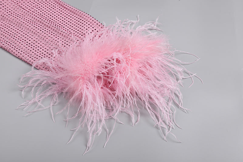 Flowering Girl Women Pink Rhinestone Feather Mini Dress