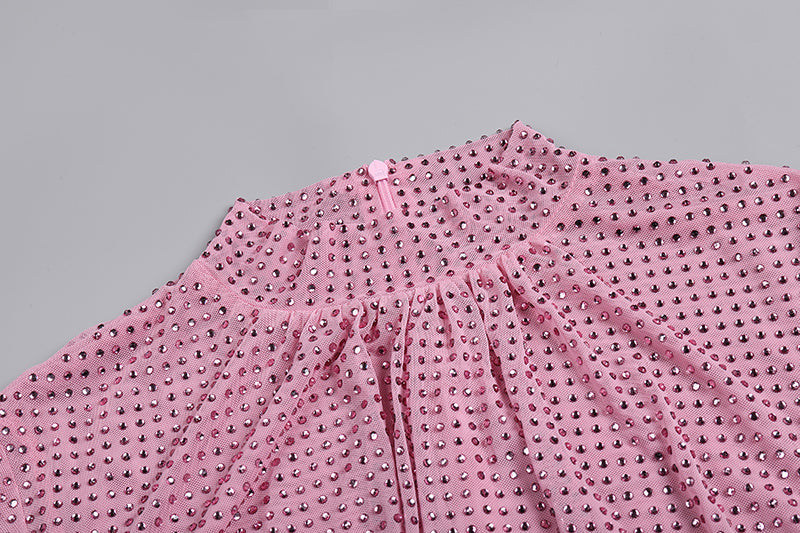 Flowering Girl Women Pink Rhinestone Feather Mini Dress