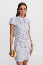 sylvia Light Blue Floral Lace hollow Mini Dress with Satin Collar