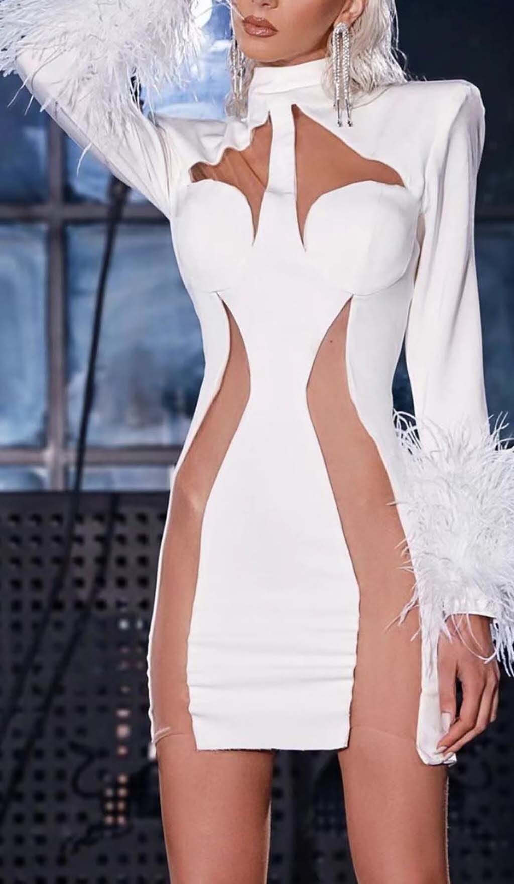 Flowering Girl Women Feather Bandage Mini Dress-White