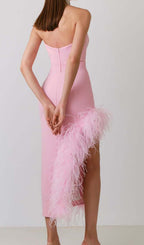 Flowering Girl Women Feather Trim Split Midi Dress In Bubblegum