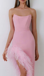 Flowering Girl Women Feather Trim Split Midi Dress In Bubblegum