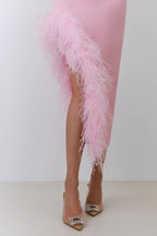 Flowering Girl Women Feather Trim Split Midi Dress In Bubblegum