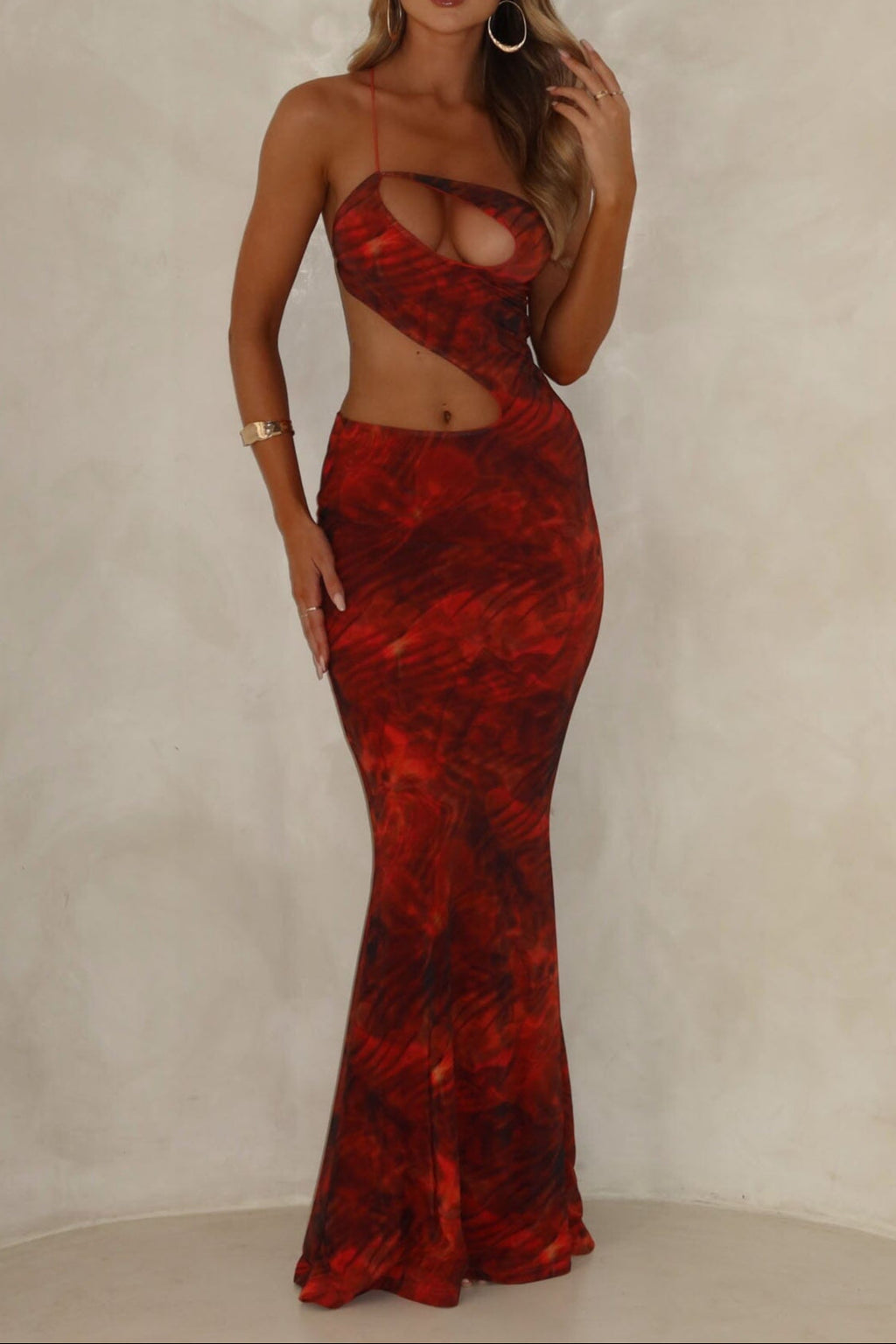 Flowering Girl Women Cut Out Printed Maxi Dress Orange
