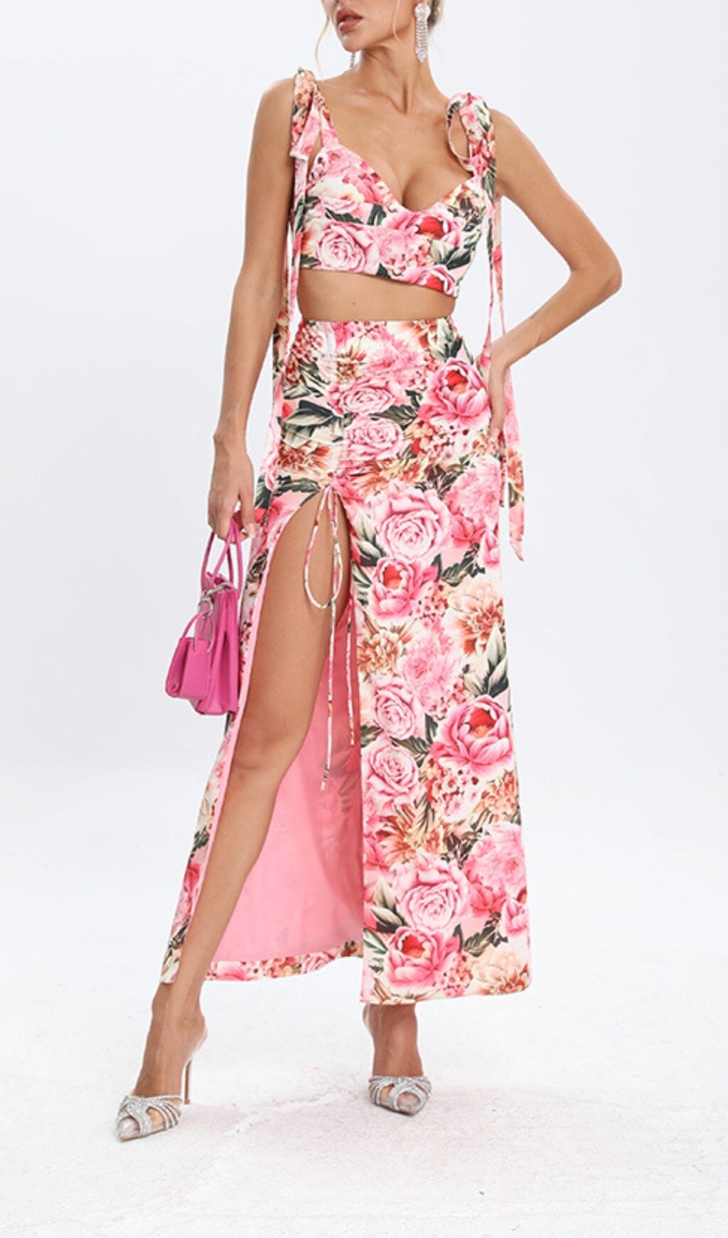 Flowering Girl Women Floral Design Two Piece Set In Pink