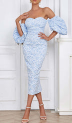 Jacquard Puff Sleeve Midi Dress In Sky Blue