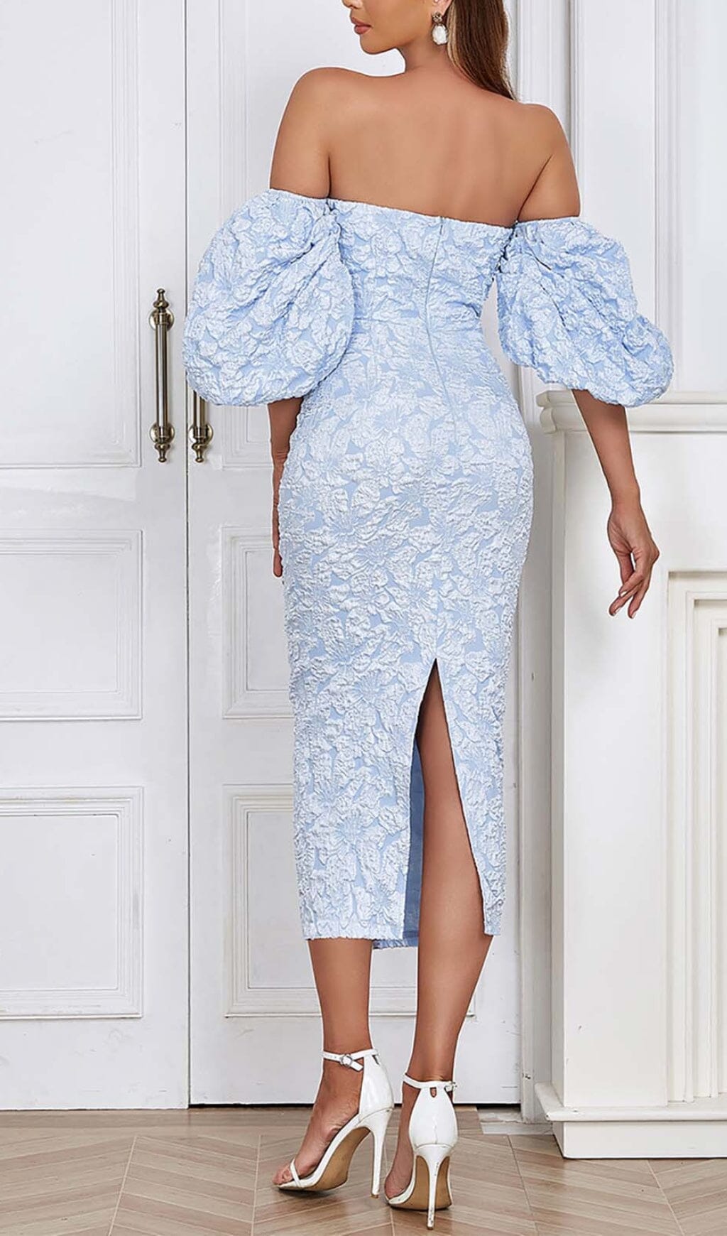 Jacquard Puff Sleeve Midi Dress In Sky Blue