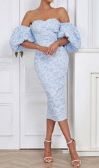 Jacquard Puff Sleeve Midi Dress In Sky Blue