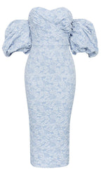 Jacquard Puff Sleeve Midi Dress In Sky Blue