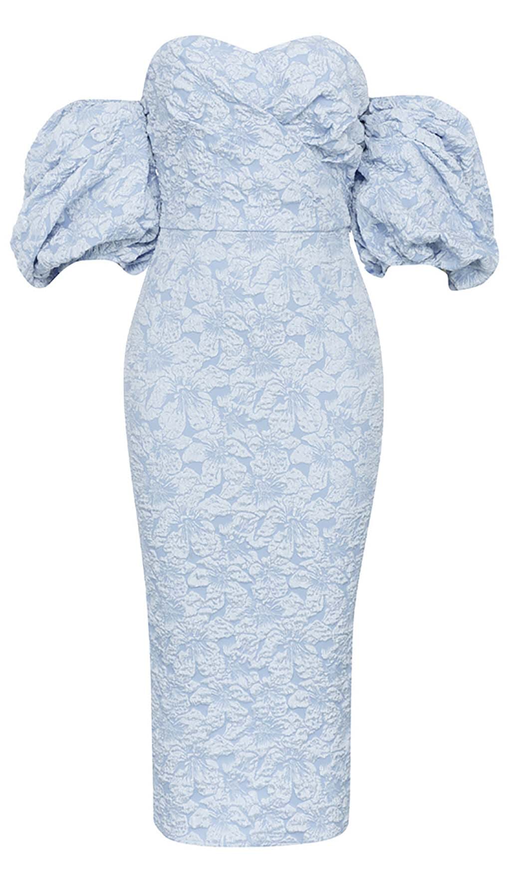 Jacquard Puff Sleeve Midi Dress In Sky Blue