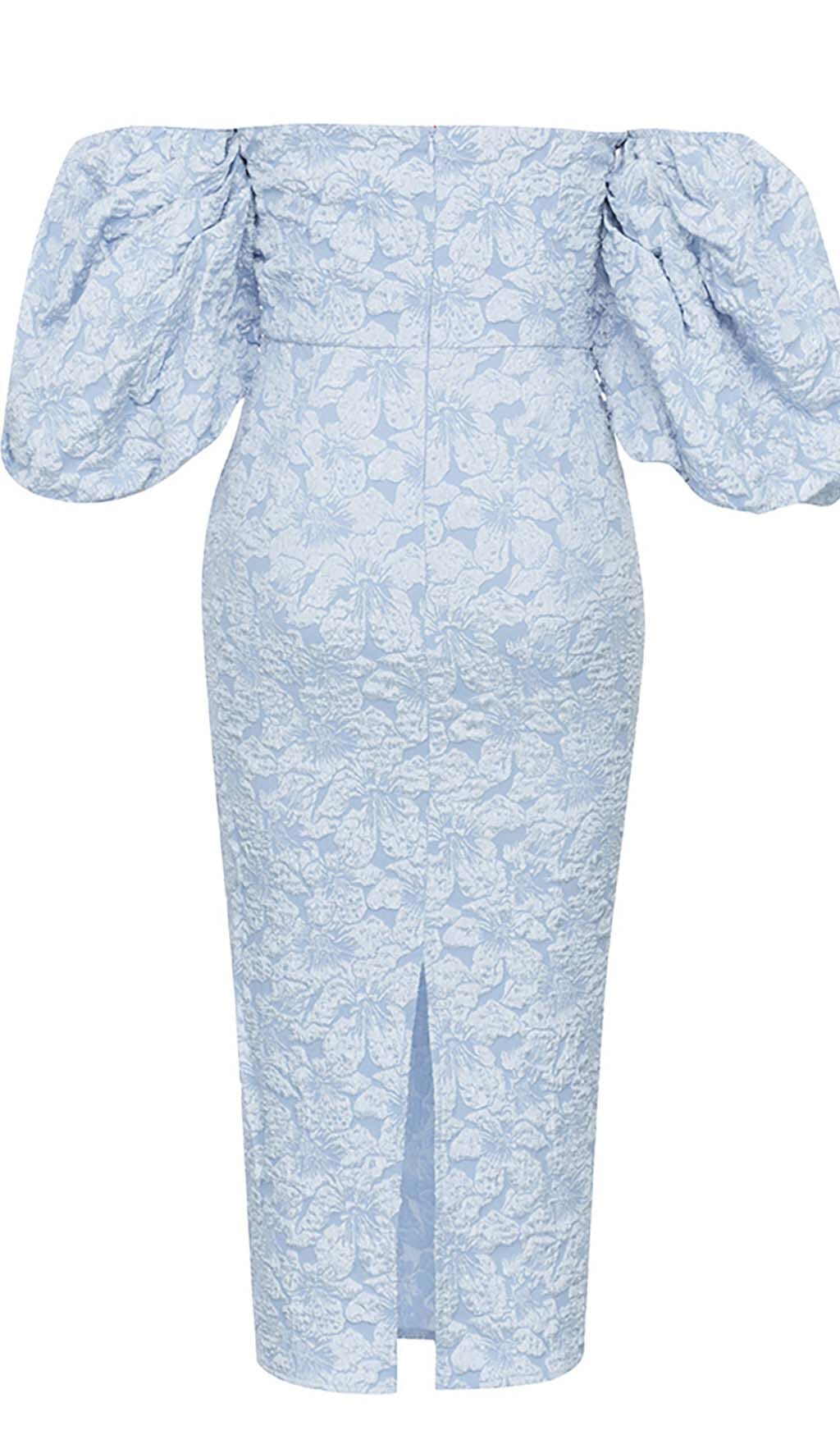 Jacquard Puff Sleeve Midi Dress In Sky Blue