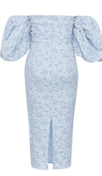 Jacquard Puff Sleeve Midi Dress In Sky Blue