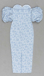 Jacquard Puff Sleeve Midi Dress In Sky Blue