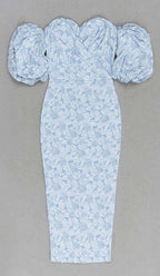 Jacquard Puff Sleeve Midi Dress In Sky Blue