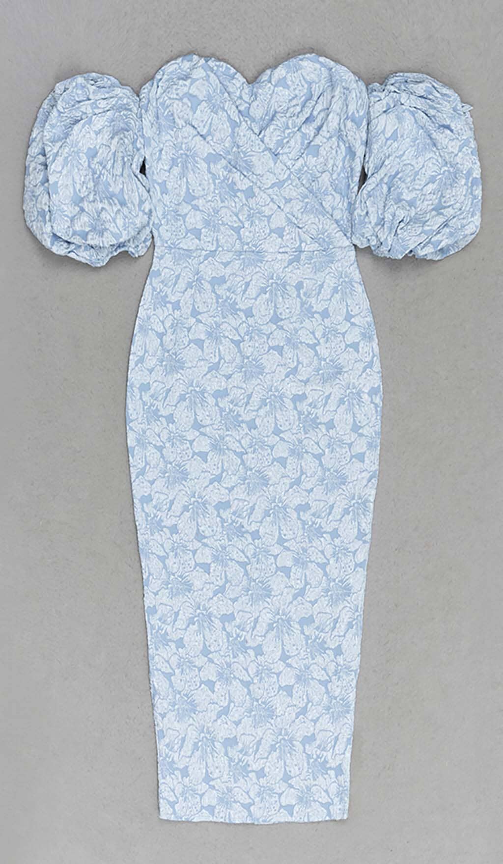 Jacquard Puff Sleeve Midi Dress In Sky Blue