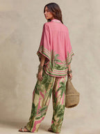 Effortless Palm-Print Kimono Two-Piece Set