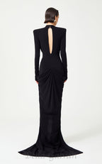 Flowering Girl Women Black Stretchy Gold Flower Embroidered V-Neck Long Sleeved Maxi Dress
