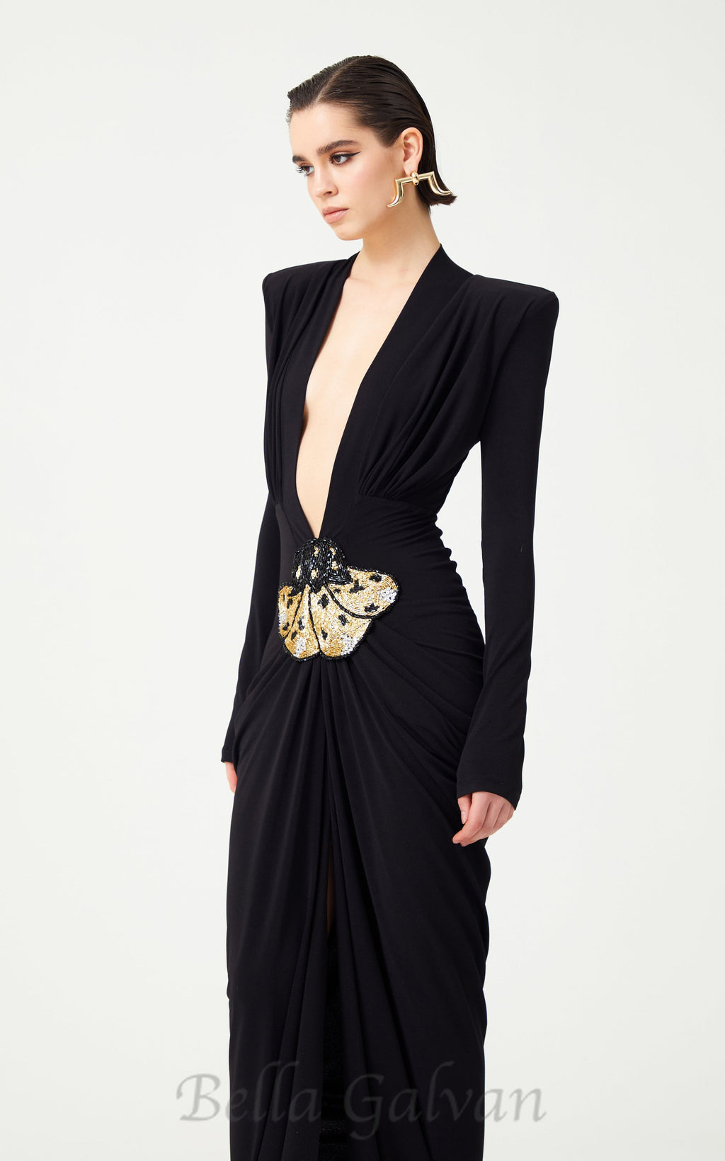 Flowering Girl Women Black Stretchy Gold Flower Embroidered V-Neck Long Sleeved Maxi Dress
