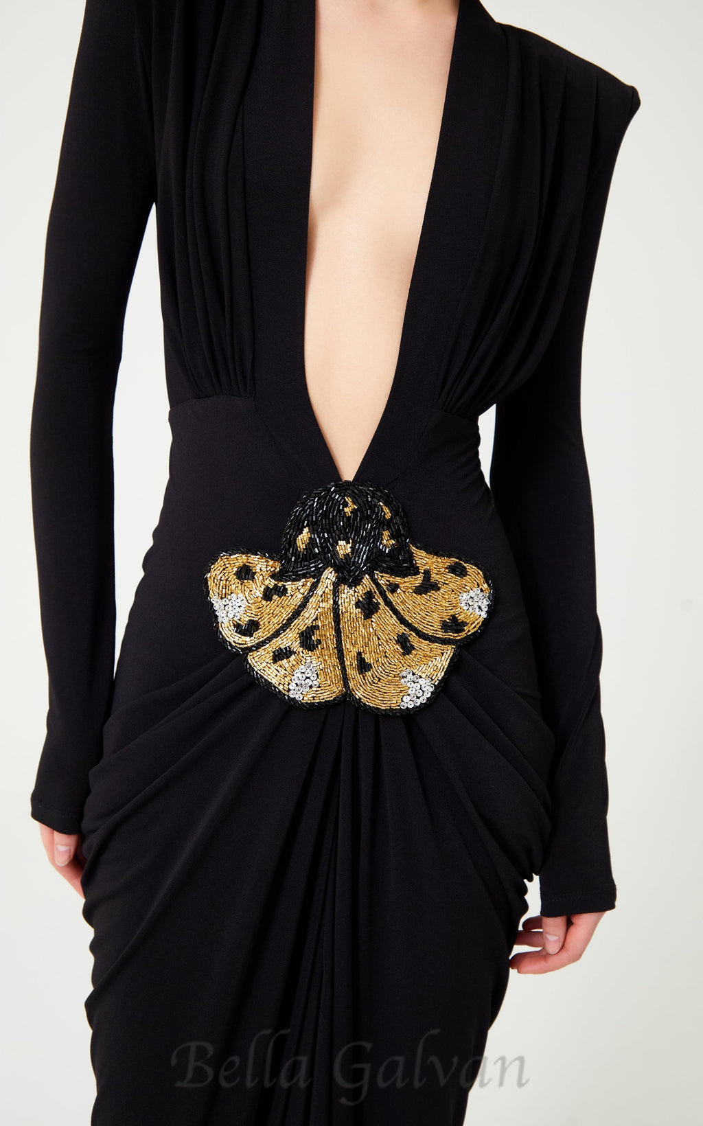 Flowering Girl Women Black Stretchy Gold Flower Embroidered V-Neck Long Sleeved Maxi Dress
