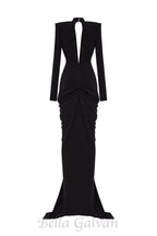 Flowering Girl Women Black Stretchy Gold Flower Embroidered V-Neck Long Sleeved Maxi Dress