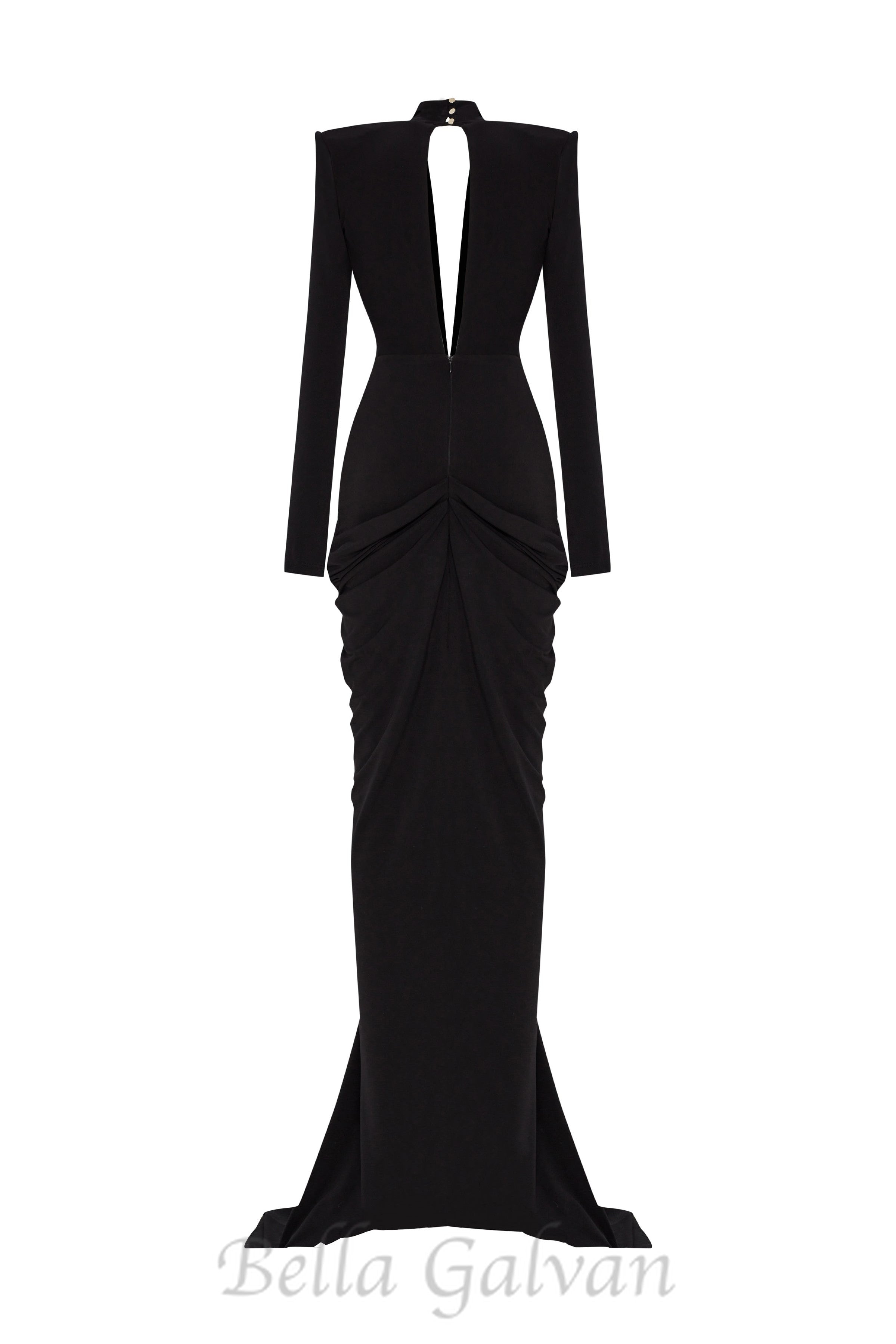 Flowering Girl Women Black Stretchy Gold Flower Embroidered V-Neck Long Sleeved Maxi Dress