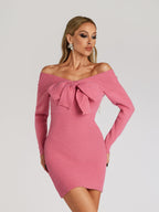 kay Off Shoulder Bow jersey Mini Dress in rose red
