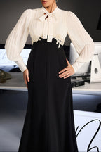 carlin Balloon Sleeve Ruched Tie Up Midi Dress - white & black