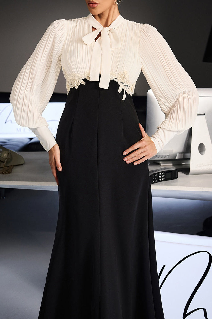 carlin Balloon Sleeve Ruched Tie Up Midi Dress - white & black