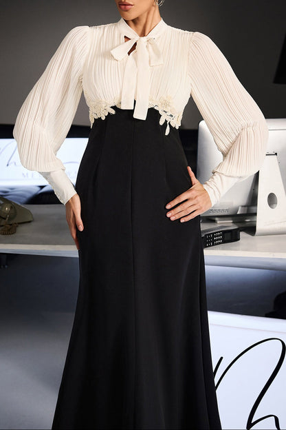 carlin Balloon Sleeve Ruched Tie Up Midi Dress - white & black