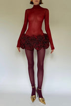 Flowering Girl Women Fionna Floral Mesh Long Sleeve Mini Dress - Red