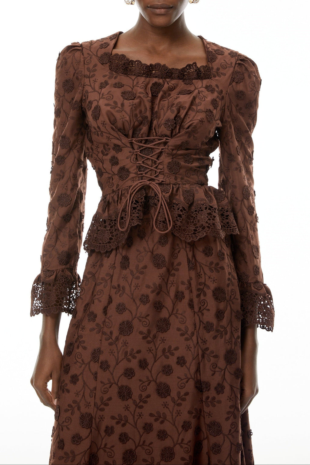 Fiorenza Brown Floral Lace Blouse & Skirt Set