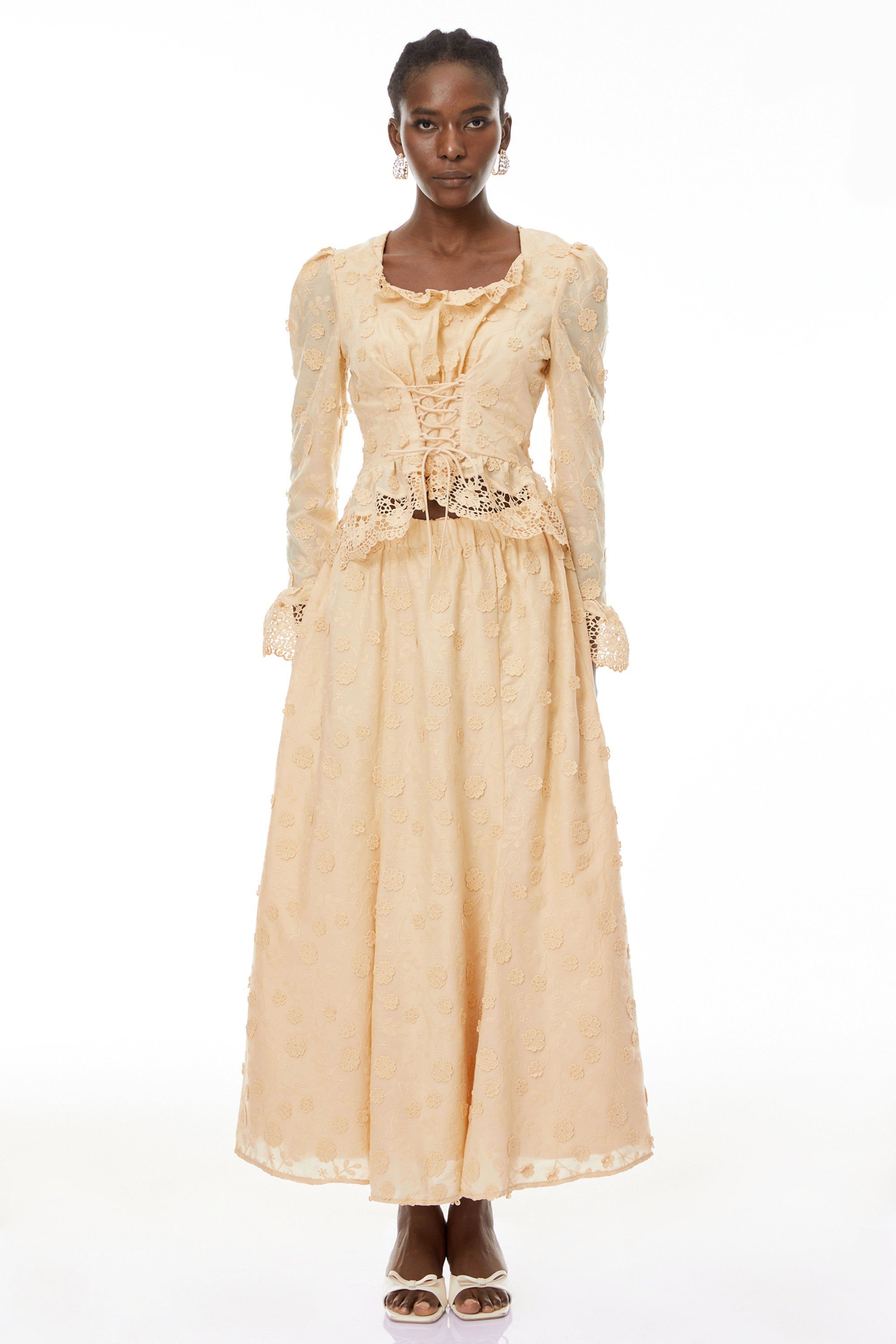 Rebecca Floral Lace Blouse & Skirt Set In Apricot