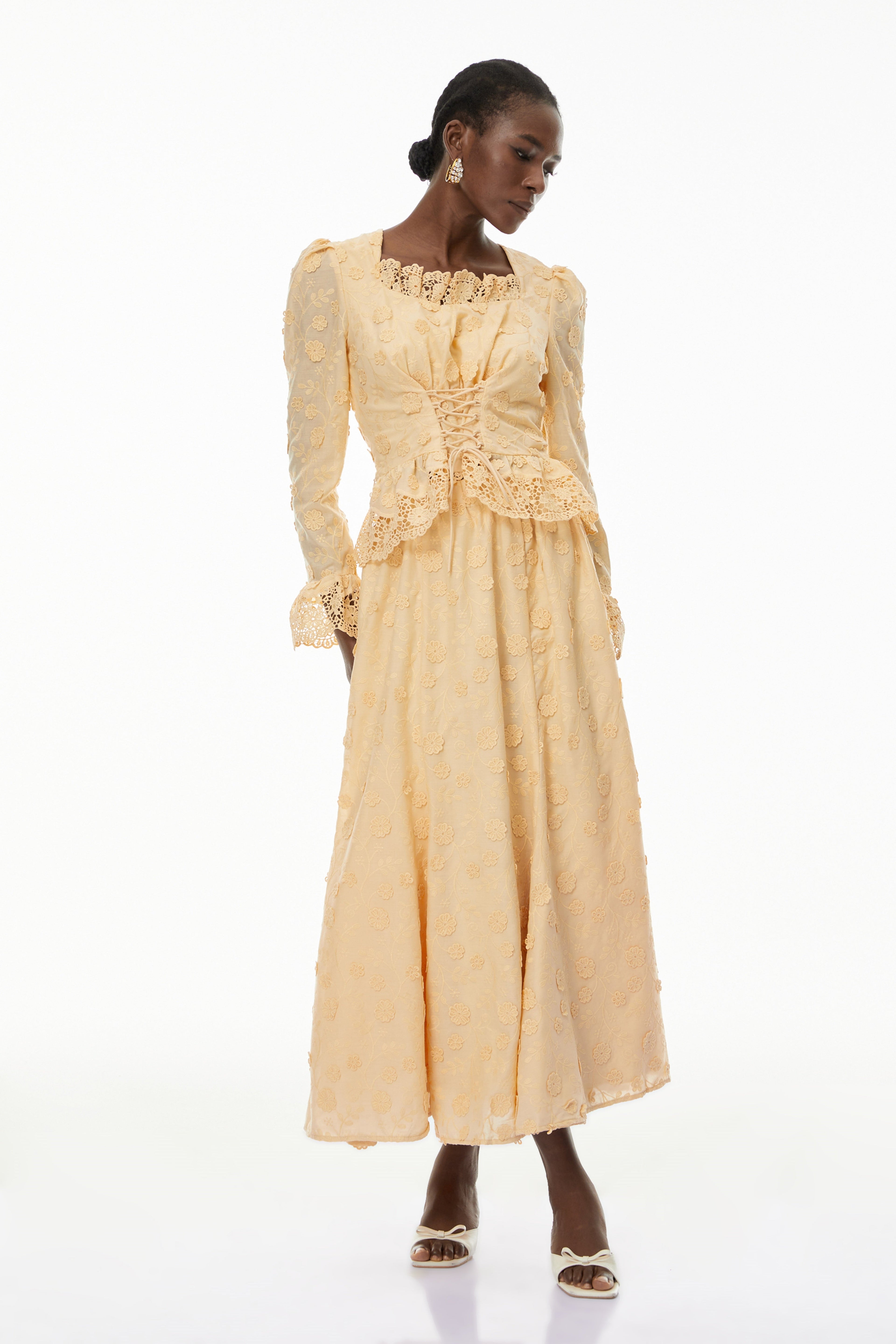 Rebecca Floral Lace Blouse & Skirt Set In Apricot