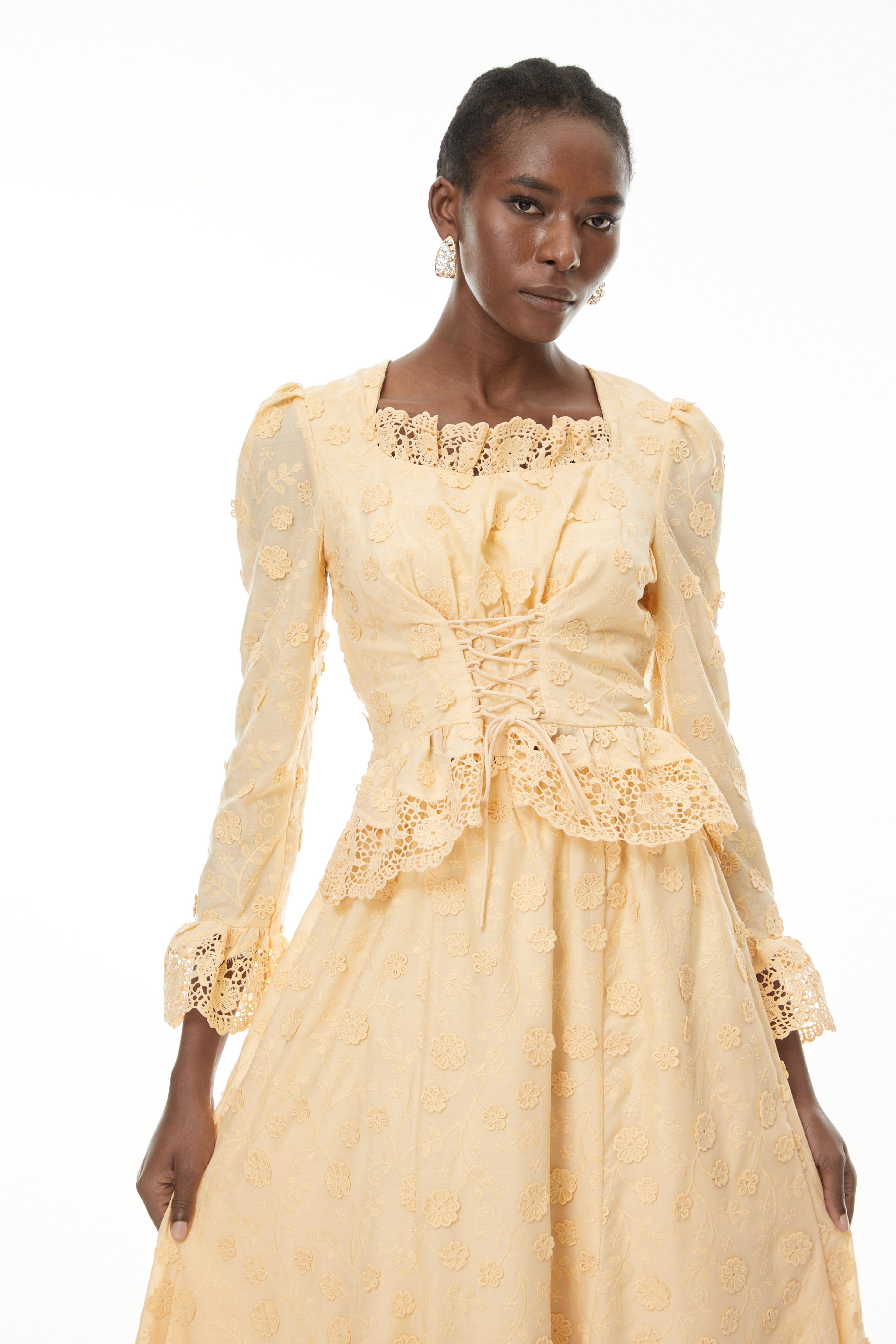 Rebecca Floral Lace Blouse & Skirt Set In Apricot